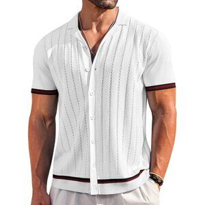 Men's White Short Sleeve Knit Shirt Casual Button Down Shirt Vintage Striped